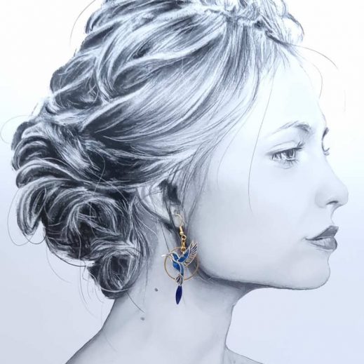 Boucles d'oreilles colibris en liberty Emma and Georgina bleu Boucles d'oreilles colibris en liberty Emma and Georgina bleu