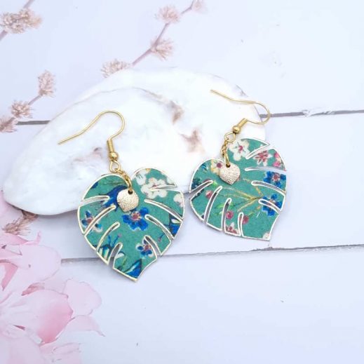 Boucles d'oreilles feuilles monstera en liberty Donna Leigh Jade