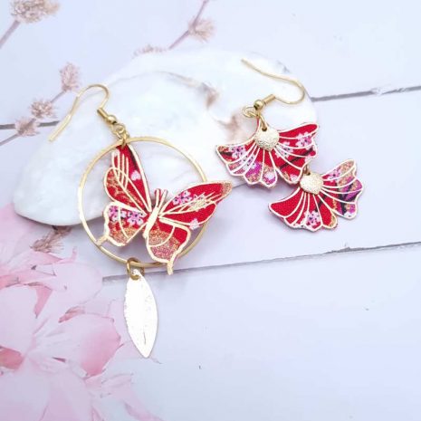 Boucles d'oreilles Gingko et papillon en TISSU Sakura rouge rose doré