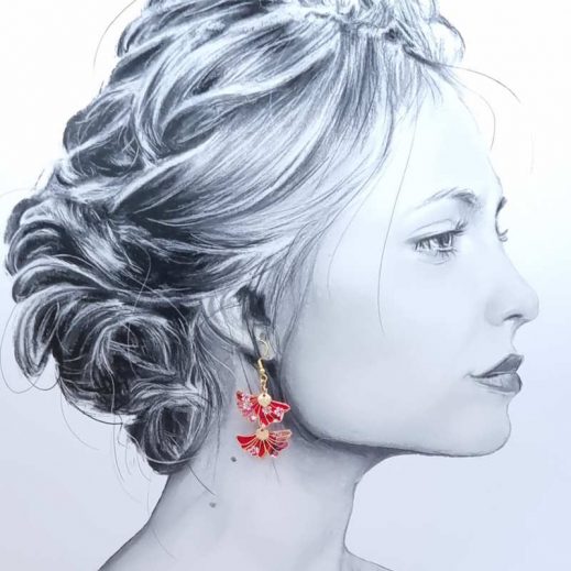 Boucles d'oreilles Gingko et papillon en TISSU Sakura rouge rose doré Boucles d'oreilles Gingko et papillon en TISSU Sakura rouge rose doré