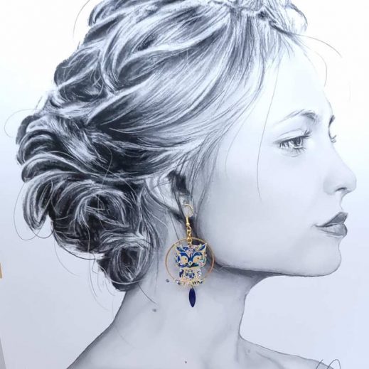 Boucles d'oreilles Chouette et Lune en TISSU Sakura bleu vert doré Boucles d'oreilles Chouette et Lune en TISSU Sakura bleu vert doré