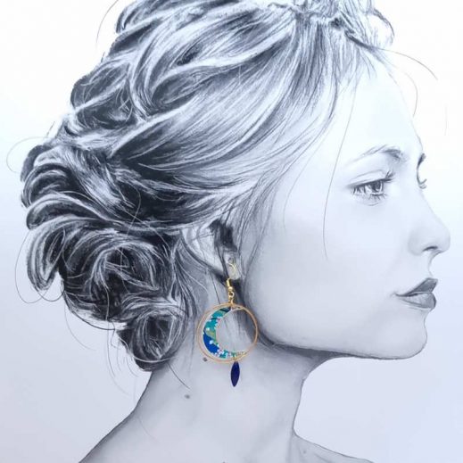 Boucles d'oreilles Chouette et Lune en TISSU Sakura bleu vert doré Boucles d'oreilles Chouette et Lune en TISSU Sakura bleu vert doré
