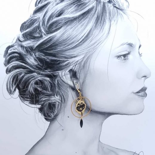 Boucles d'oreilles loup et tête de loup en liberty Erica noir Boucles d'oreilles loup et tête de loup en liberty Erica noir