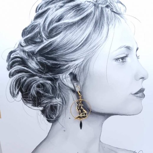 Boucles d'oreilles loup et tête de loup en liberty Erica noir Boucles d'oreilles loup et tête de loup en liberty Erica noir