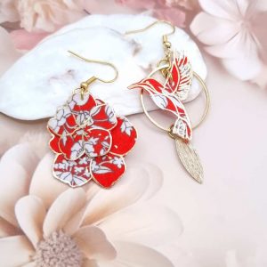 Boucles d'oreilles colibri et fleurs de cerisier en Tissu liberty Summer Bloom coquelicot