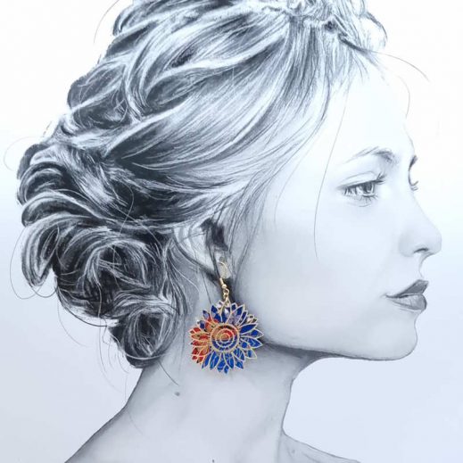Boucles d'oreilles grands tournesols en Tissu japonese blue butterfly Boucles d'oreilles grands tournesols en Tissu japonese blue butterfly