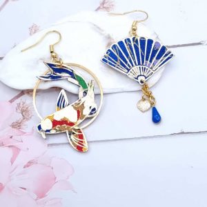 Boucles d'oreilles éventail et carpe koi en TISSU Japonese blue butterfly