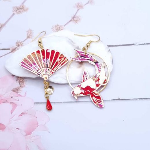 Boucles d'oreilles éventail et carpe koi en TISSU japonais Sakura rouge