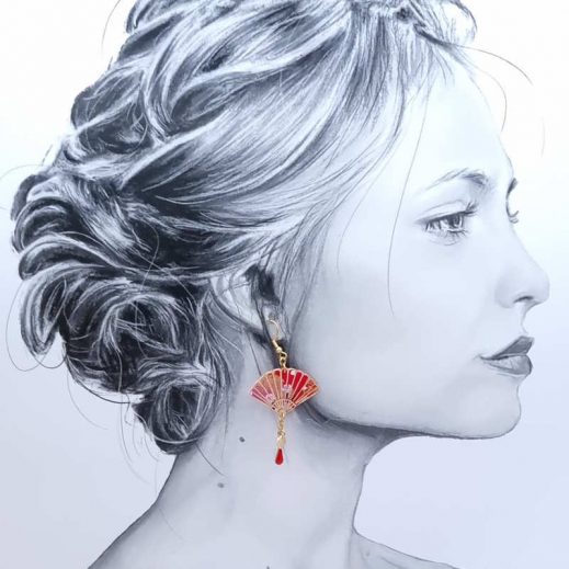 Boucles d'oreilles éventail et carpe koi en TISSU japonais Sakura rouge Boucles d'oreilles éventail et carpe koi en TISSU japonais Sakura rouge