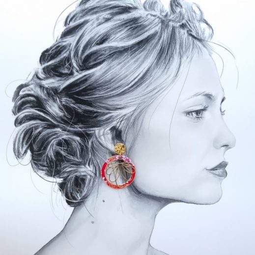 Boucles d'oreilles cercle et lys en Tissu Sakura rouge Boucles d'oreilles cercle et lys en Tissu Sakura rouge