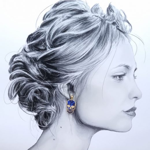 Boucles d'oreilles Mini crâne et corne du diable en liberty Capel indigo Boucles d'oreilles Mini crâne et corne du diable en liberty Capel indigo