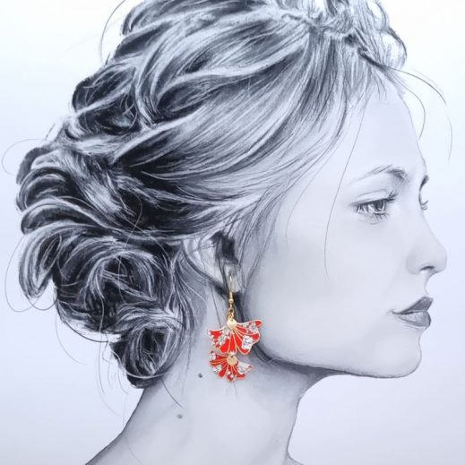 Boucles d'oreilles Gingko en liberty Summer Bloom coquelicot Boucles d'oreilles Gingko en liberty Summer Bloom coquelicot