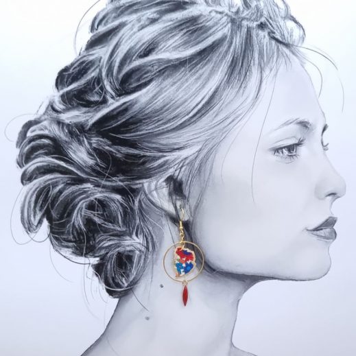 Boucles d'oreilles île Maurice et Hibiscus en liberty Margareth Annie bleu et orange Boucles d'oreilles île Maurice et Hibiscus en liberty Margareth Annie bleu et orange