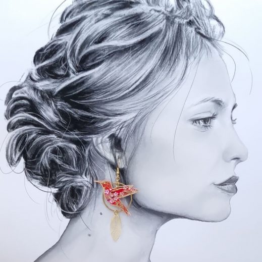 Boucles d'oreilles grand colibri et Magnolia en TISSU Sakura rouge Boucles d'oreilles grand colibri et Magnolia en TISSU Sakura rouge
