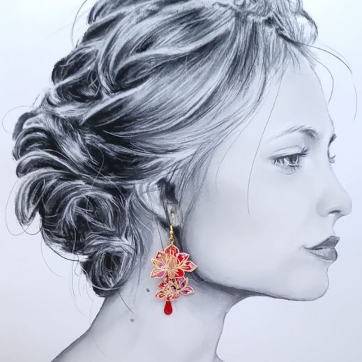 Boucles d'oreilles grand colibri et Magnolia en TISSU Sakura rouge Boucles d'oreilles grand colibri et Magnolia en TISSU Sakura rouge