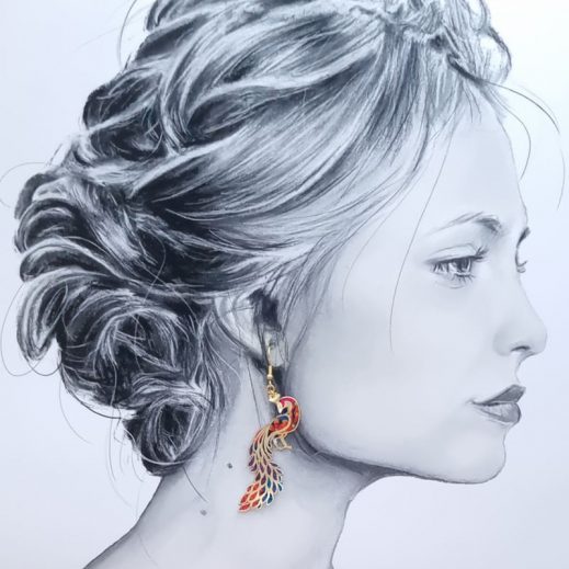 Boucles d'oreilles paon et plumes en liberty Ciara pétrole Boucles d'oreilles paon et plumes en liberty Ciara pétrole