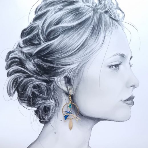 Boucles d'oreilles oiseau Paille en queue et La Réunion en tissu japonais Sakura bleu Boucles d'oreilles oiseau Paille en queue et La Réunion en tissu japonais Sakura bleu