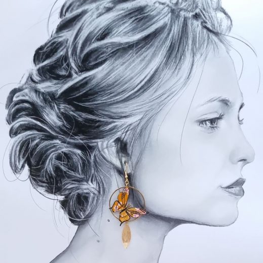 Boucles d'oreilles Gingko et grand papillon en TISSU japonais Sakura ocre et saumon Boucles d'oreilles Gingko et grand papillon en TISSU japonais Sakura ocre et saumon