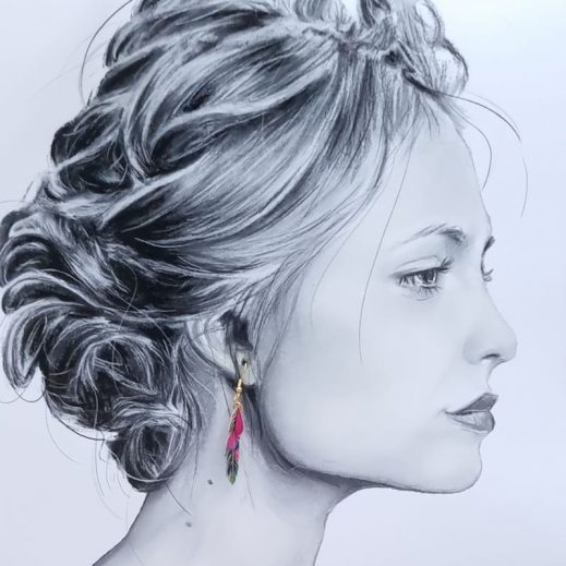 Boucles d'oreilles oiseau colibri et plume en liberty Revival fushia Boucles d'oreilles oiseau colibri et plume en liberty Revival fushia