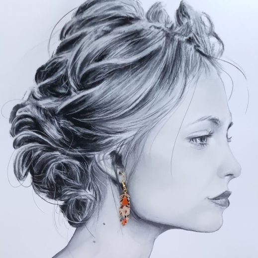 Boucles d'oreilles colibri et plume en liberty Thorpe rouille Boucles d'oreilles colibri et plume en liberty Thorpe rouille