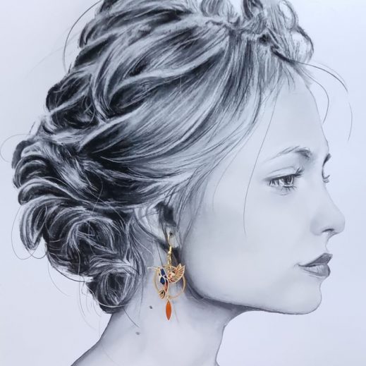 Boucles d'oreilles colibri et plume en liberty Thorpe rouille Boucles d'oreilles colibri et plume en liberty Thorpe rouille