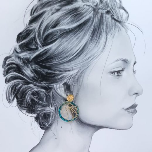 Boucles d'oreilles cercle et lys en liberty Strawberry thief vert et or Boucles d'oreilles cercle et lys en liberty Strawberry thief vert et or