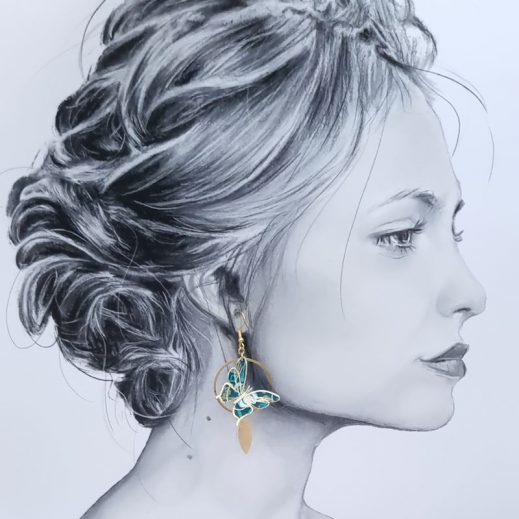 Boucles d'oreilles Gingko et papillon en TISSU Strawberry thief vert et or Boucles d'oreilles Gingko et papillon en TISSU Strawberry thief vert et or