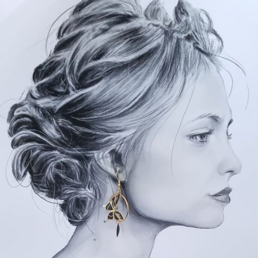 Boucles d'oreilles Gingko et papillon en TISSU liberty Erica noir Boucles d'oreilles Gingko et papillon en TISSU liberty Erica noir