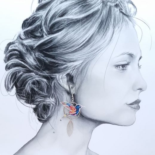 Boucles d'oreilles grand colibri et plumes en liberty Thorbe Springtime Boucles d'oreilles grand colibri et plumes en liberty Thorbe Springtime