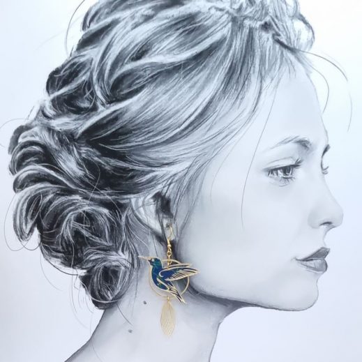 Boucles d'oreilles grand colibri et plumes en tissu liberty Erica navy Boucles d'oreilles grand colibri et plumes en tissu liberty Erica navy