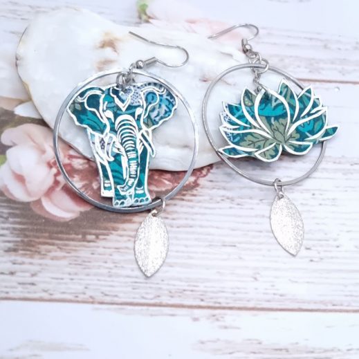 boucles d'oreilles éléphant et lotus en liberty strawberry thief vert boucles d'oreilles éléphant et lotus en liberty strawberry thief vert
