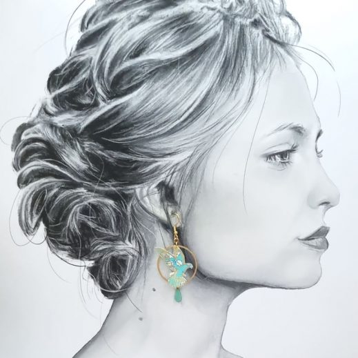 Boucles d'oreilles colombe et rameau d'olivier en liberty capel mint Boucles d'oreilles colombe et rameau d'olivier en liberty capel mint