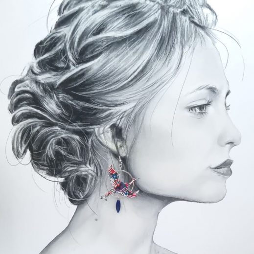 Boucles d'oreilles grue oiseau en TISSU liberty Ciara pétrole Boucles d'oreilles grue oiseau en TISSU liberty Ciara pétrole