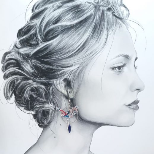 Boucles d'oreilles grue oiseau en TISSU liberty Ciara pétrole Boucles d'oreilles grue oiseau en TISSU liberty Ciara pétrole