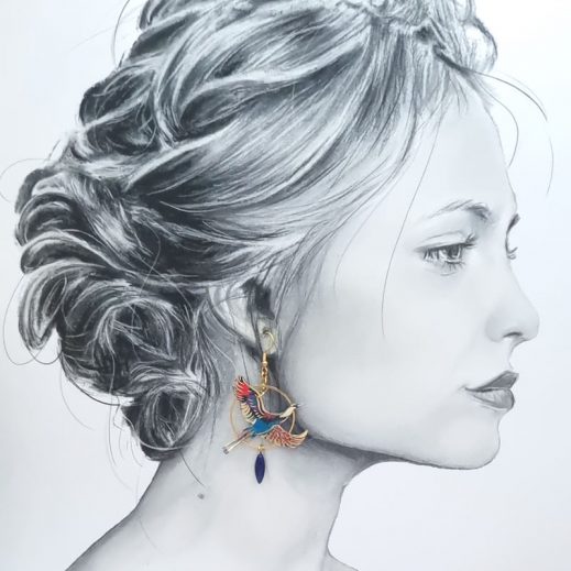 Boucles d'oreilles grue oiseau en TISSU liberty Ciara pétrole Boucles d'oreilles grue oiseau en TISSU liberty Ciara pétrole