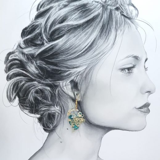 Boucles d'oreilles visages graphiques en TISSU liberty Strawberry thief vert et or Boucles d'oreilles visages graphiques en TISSU liberty Strawberry thief vert et or