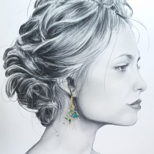 Boucles d'oreilles visages graphiques en TISSU liberty Strawberry thief vert et or Boucles d'oreilles visages graphiques en TISSU liberty Strawberry thief vert et or