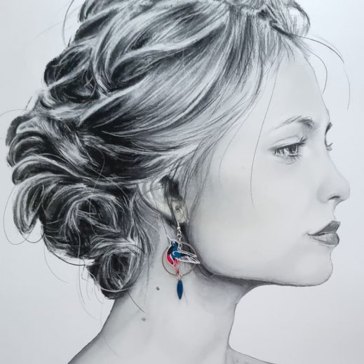 Boucles d'oreilles oiseau colibri et plume en liberty Ciara pétrole Boucles d'oreilles oiseau colibri et plume en liberty Ciara pétrole