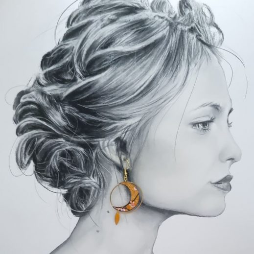 Boucles d'oreilles Lune et Loup en tissu japonais sakura moutarde Boucles d'oreilles Lune et Loup en tissu japonais sakura moutarde