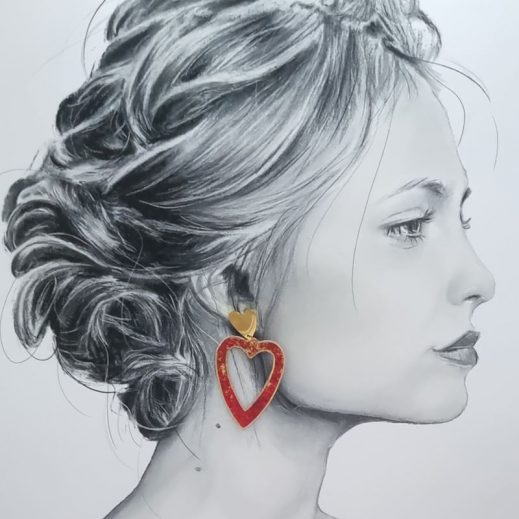 Boucles d'oreilles Cœur en TISSU japonais moiré rouge Boucles d'oreilles Cœur en TISSU japonais moiré rouge