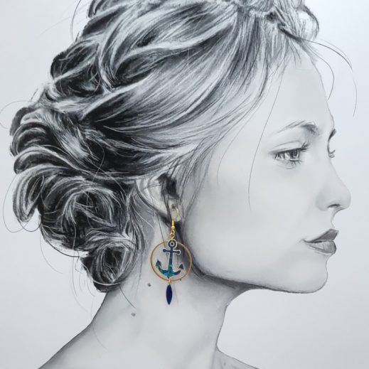 Boucles d'oreilles bateau et ancre en tissu Liberty Erica navy Boucles d'oreilles bateau et ancre en tissu Liberty Erica navy