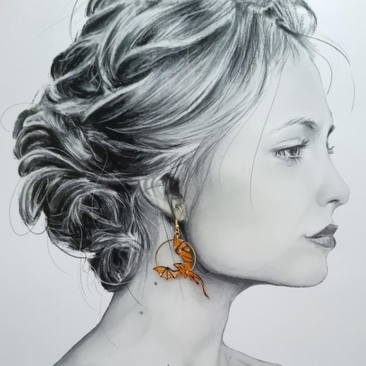 Boucles d'oreilles dragons Tissus Erica noir et sakura ocre Boucles d'oreilles dragons Tissus Erica noir et sakura ocre