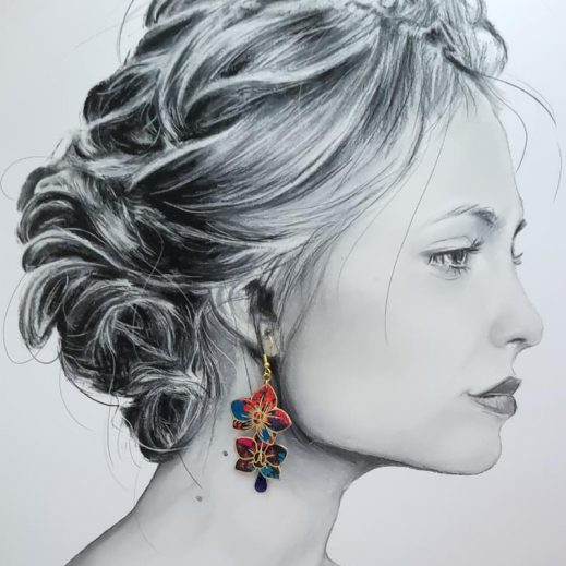 Boucles d'oreilles Orchidées en TISSU liberty Ciara pétrole Boucles d'oreilles Orchidées en TISSU liberty Ciara pétrole