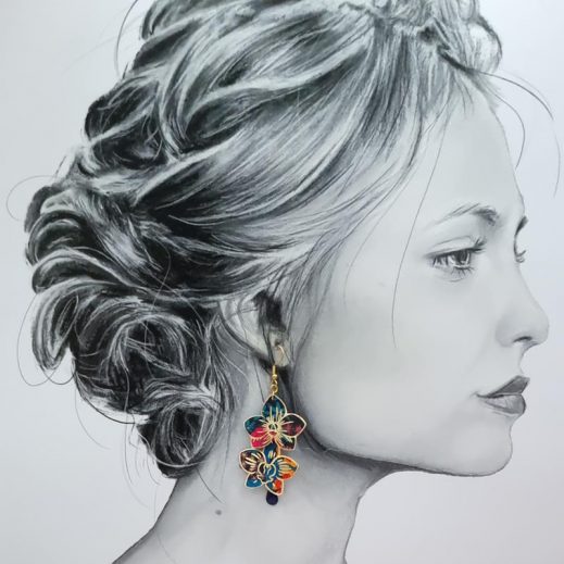 Boucles d'oreilles Orchidées en TISSU liberty Ciara pétrole Boucles d'oreilles Orchidées en TISSU liberty Ciara pétrole