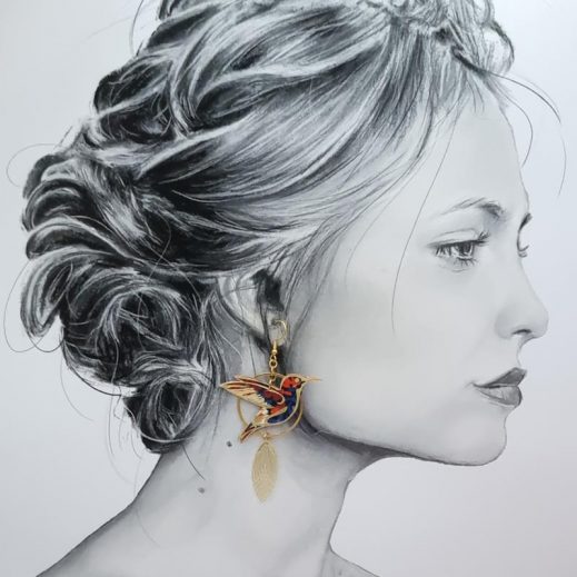 Boucles d'oreilles grand colibri et orchidée en TISSU liberty Thorpe rouille Boucles d'oreilles grand colibri et orchidée en TISSU liberty Thorpe rouille
