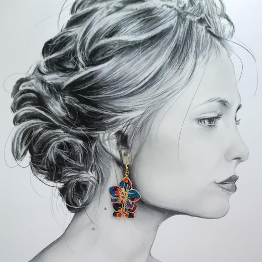 Boucles d'oreilles grand colibri et orchidée en TISSU liberty Ciara pétrole Boucles d'oreilles grand colibri et orchidée en TISSU liberty Ciara pétrole