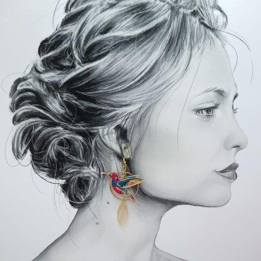 Boucles d'oreilles grand colibri et orchidée en TISSU liberty Ciara pétrole Boucles d'oreilles grand colibri et orchidée en TISSU liberty Ciara pétrole