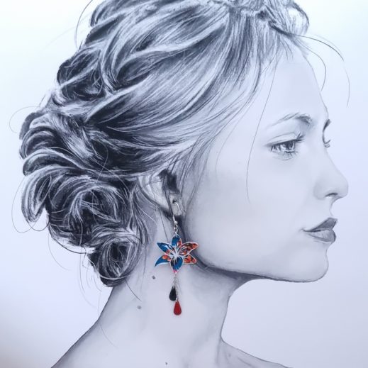 Boucles d'oreilles colibri et lys en liberty CIARA pétrole Boucles d'oreilles colibri et lys en liberty CIARA pétrole