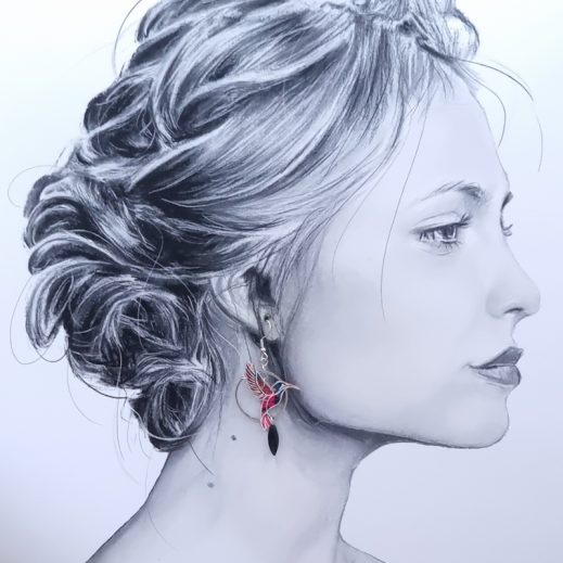 Boucles d'oreilles colibri et lys en liberty CIARA pétrole Boucles d'oreilles colibri et lys en liberty CIARA pétrole