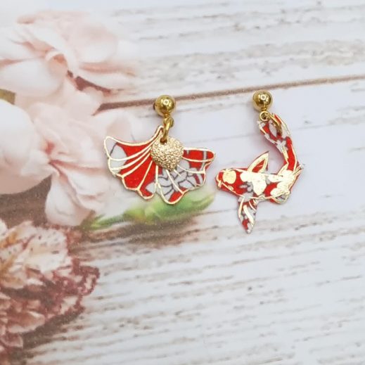 Boucles d'oreilles Mini carpe Koï et ginkgo en liberty Summer Blooms coquelicot